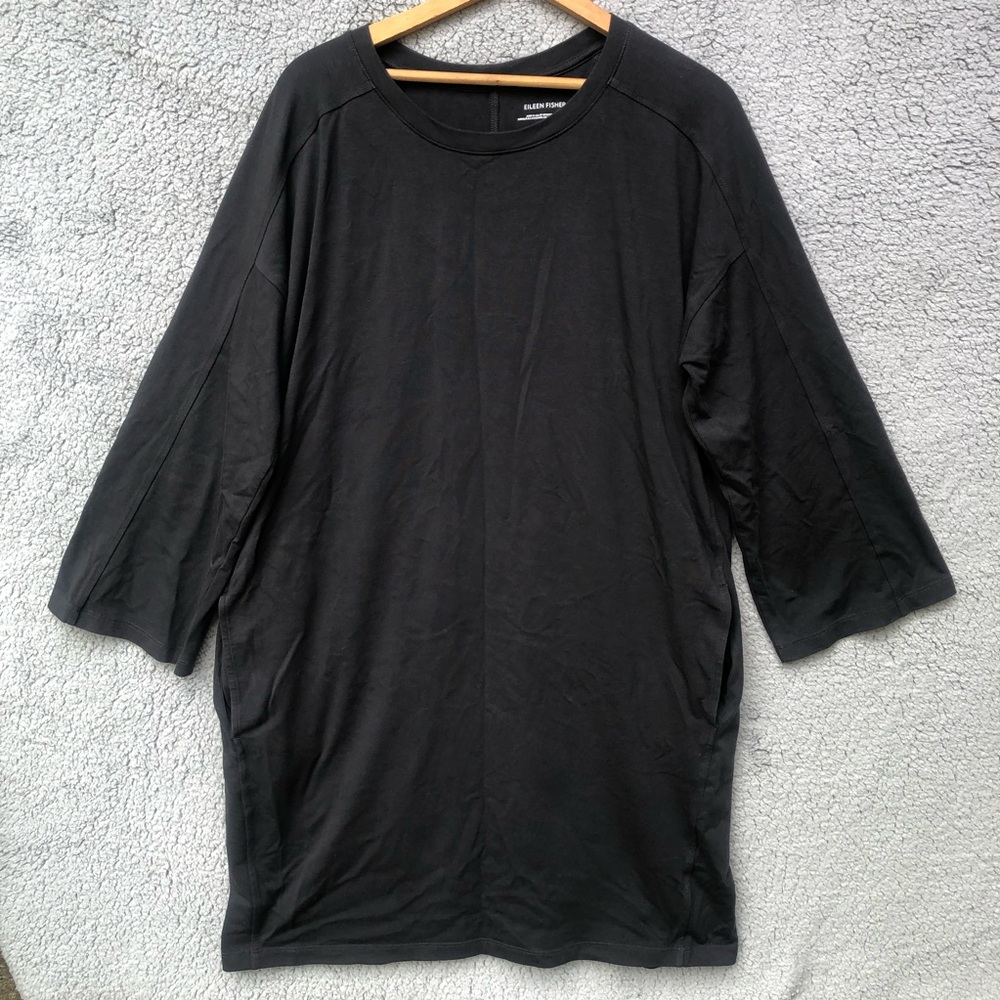 Eileen Fisher Link Shirt Dress Women L Black Pocket Stretch lagenlook riding